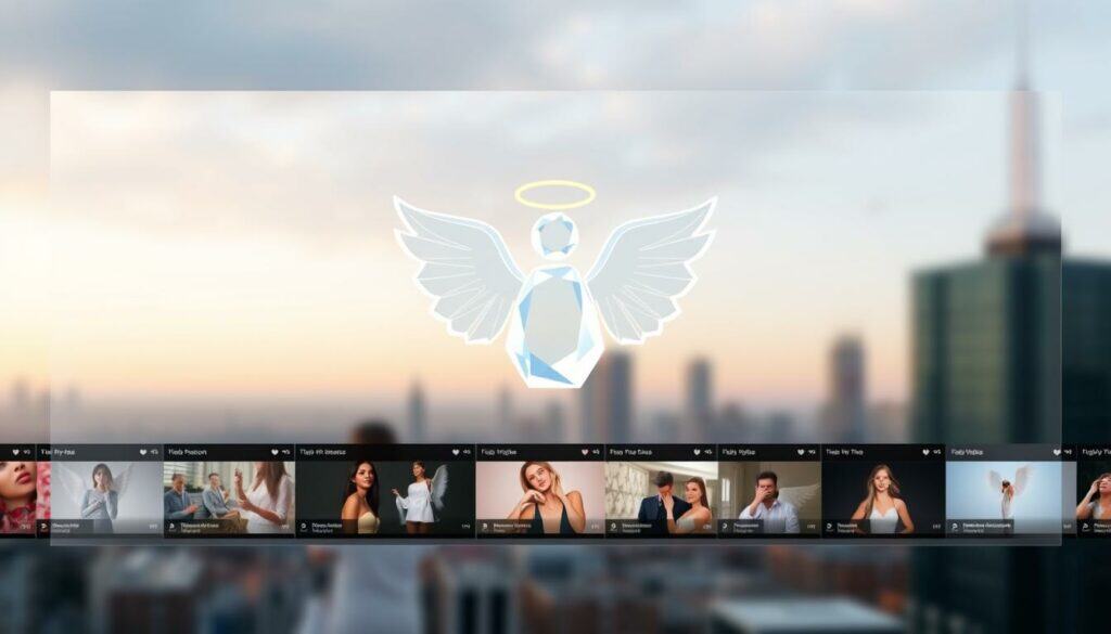 A sleek, modern TikTok video frame filled with heavenly imagery and angelic motifs. In the foreground, a minimalist three-dimensional angel icon floats against a gradient background, its crystalline wings and halo glowing with an ethereal light. In the middle ground, a collage of trending TikTok video thumbnails showcases various angel-themed content, from fashion and beauty to wellness and spirituality. The background features a blurred cityscape, hinting at the integration of celestial beings into the contemporary urban landscape. The overall composition evokes a sense of the divine intersecting with the commercial and digital realms of modern life.