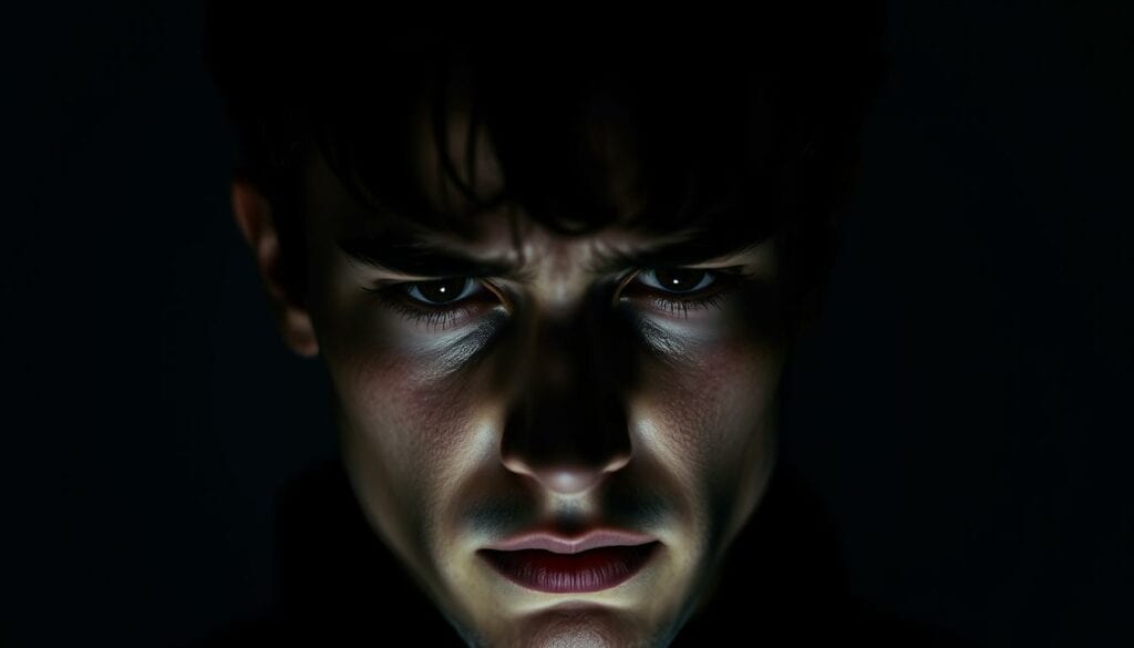 A somber portrait of a young man, his face partially obscured by deep shadows, conveying a sense of unease and isolation. The lighting is moody, creating dramatic contrasts that accentuate the pained expression on his features. The background is a muted, monochromatic palette, further emphasizing the weight of the subject's inner turmoil. The composition is tight, focusing the viewer's attention on the man's introspective gaze, hinting at the heavy burdens he must bear as he navigates life in the shadow of a notorious family legacy.