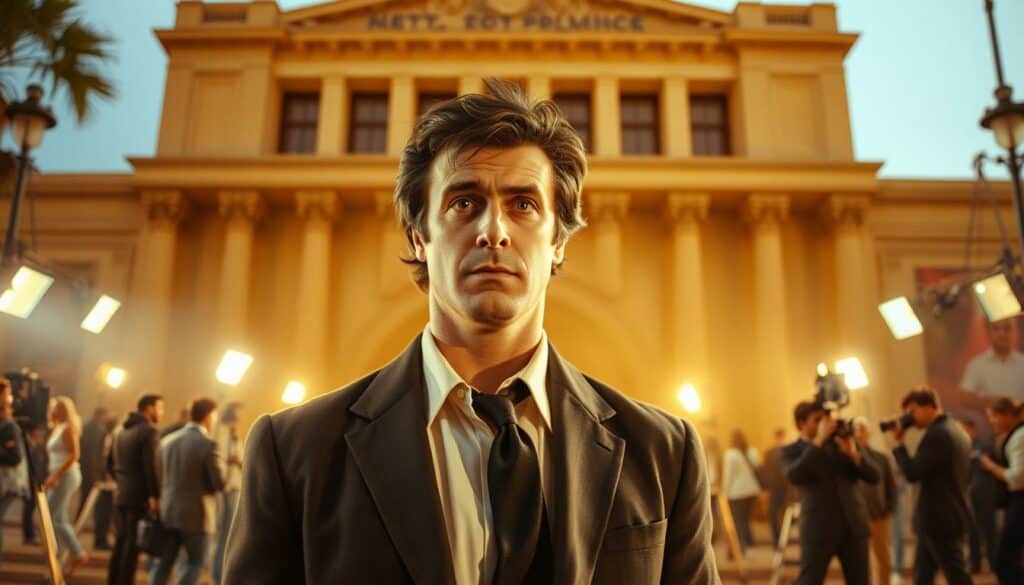 A striking cinematic scene unfolds, capturing the early beginnings of a legendary film career. In the foreground, a young Sylvester Stallone stands confidently, his gaze filled with determination and a hint of trepidation. He is dressed in a tailored suit, exuding an air of understated elegance. The middle ground is alive with the bustling energy of a film set, with crew members scurrying about, cameras and lighting equipment poised to capture the moment. In the background, a grand, imposing studio facade sets the stage, its architectural grandeur hinting at the boundless possibilities that lie ahead. Warm, golden lighting bathes the scene, creating a sense of nostalgic drama and the promise of a new chapter unfolding. This is the beginning of a cinematic journey, a stepping stone in the rise of a true Hollywood icon.