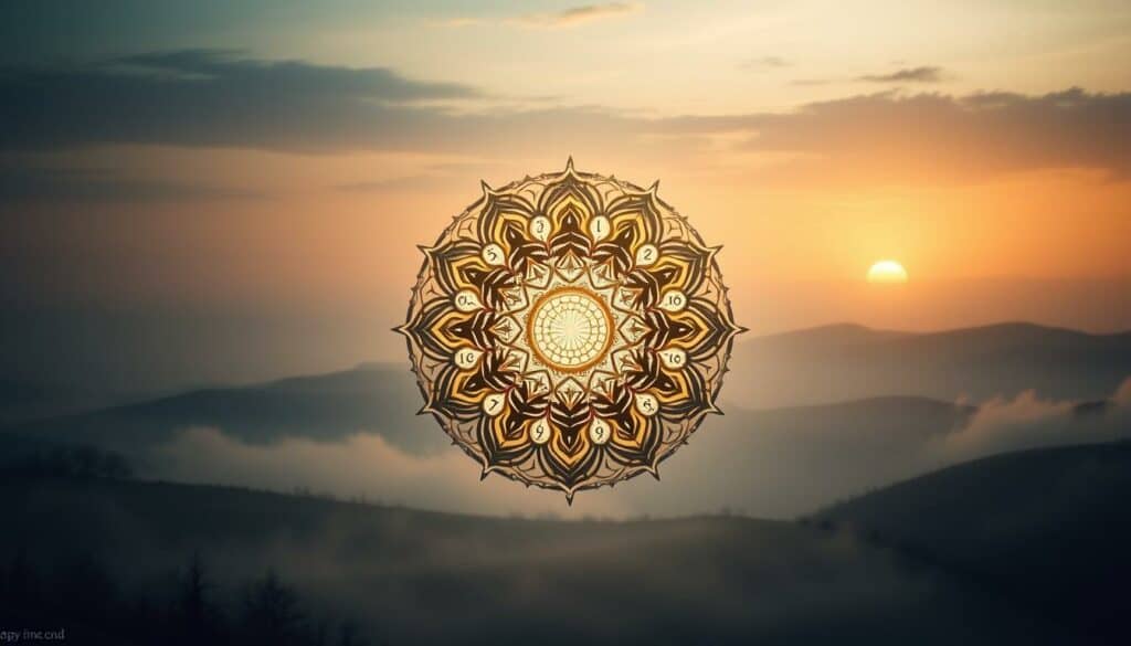 A surreal and symbolic depiction of the numerological significance of the time 16:16. In the center, an ornate, symmetrical mandala composed of nested, interlocking circles and geometric shapes, radiating an ethereal glow. Surrounding it, a mystic, atmospheric landscape with subtle, natural elements - rolling hills, wispy clouds, and a glowing horizon. The lighting is soft and diffused, creating a sense of timelessness and contemplation. The overall mood is one of balance, harmony, and the interconnectedness of spiritual and numerical forces. No distracting elements, only a focused, visually striking interpretation of the "double time" or "mirror time" concept.