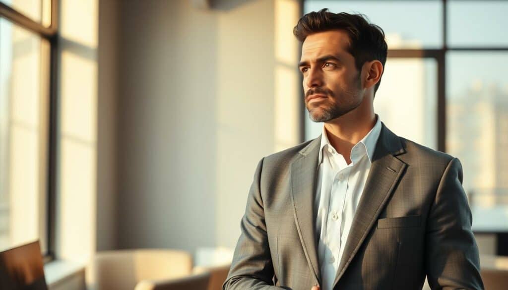 A thoughtful businessman in a crisp suit, deep in concentration, standing in a sunlit modern office with sleek minimalist decor. Warm natural lighting filters through large windows, casting a tranquil glow. The man's expression is serious yet contemplative, his body language conveying a sense of dedication and purpose. The background features clean lines, muted colors, and a subtle sense of professionalism. This image evokes a hardworking individual committed to their career and personal growth, with an air of quiet confidence and poise.
