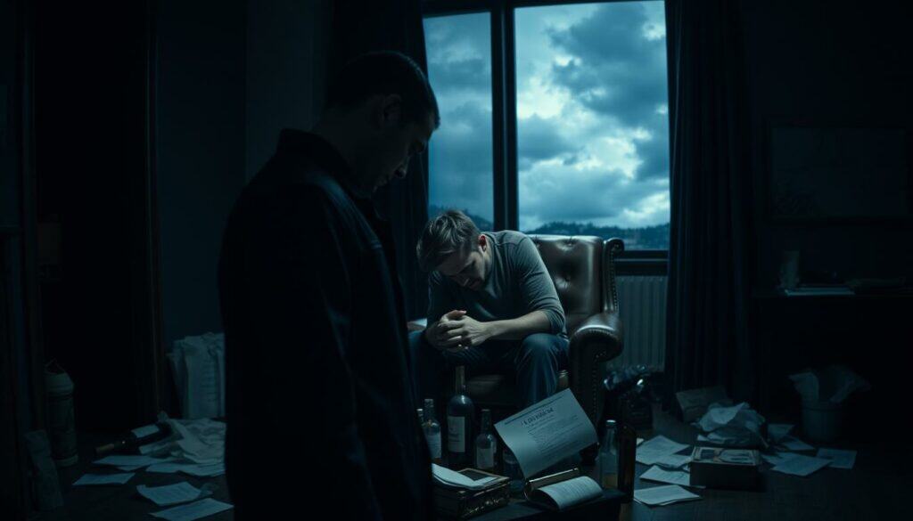 A troubled Jeremy Jackson standing in a dimly lit room, his face etched with anguish and fatigue. The middle ground shows him seated on a worn leather chair, head in his hands, surrounded by scattered papers and empty liquor bottles - symbols of his personal crises. In the background, a window offers a glimpse of a stormy night sky, adding to the somber, introspective atmosphere. Dramatic low-key lighting casts dramatic shadows, emphasizing the depth of his emotional turmoil. Shot with a cinematic, 35mm lens to create a sense of intimacy and depth of field.