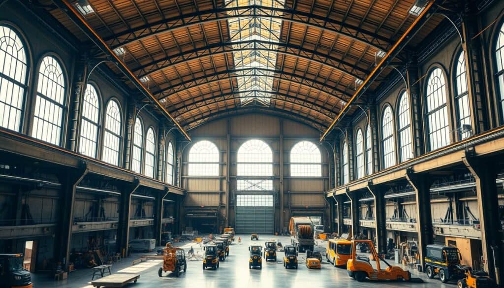 A vast industrial hall with imposing round arched windows, bathed in warm, natural lighting. The interior is filled with intricate machinery and equipment, hinting at the productive capabilities within. Towering steel support columns and exposed beams create a sense of industrial elegance, while the polished concrete floor reflects the active workflow. The middle ground is occupied by various industrial vehicles and workstations, showcasing the versatility of this round-arched hall. In the background, a glimpse of the exterior reveals the building's distinctive architectural style, blending seamlessly with the surrounding urban landscape. An atmosphere of efficiency, innovation, and pride in craftsmanship permeates the scene.