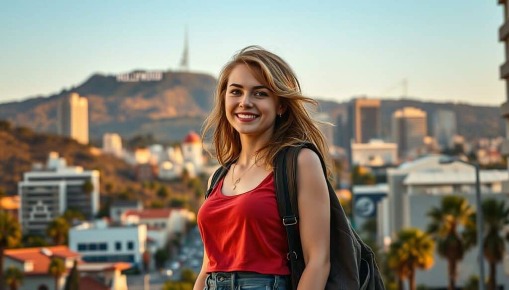 A vibrant city skyline in the background, with the iconic Hollywood sign visible on the hills. In the foreground, a young Emma Stone, dressed in a chic casual outfit, stands with a confident smile, her gaze directed towards the bustling streets of Los Angeles. The warm, golden light of the California sun casts a soft, cinematic glow, highlighting the excitement and determination in her expression. The scene captures the essence of Emma's journey, as she embarks on a new chapter in her life, ready to embrace the opportunities that the City of Angels has to offer.