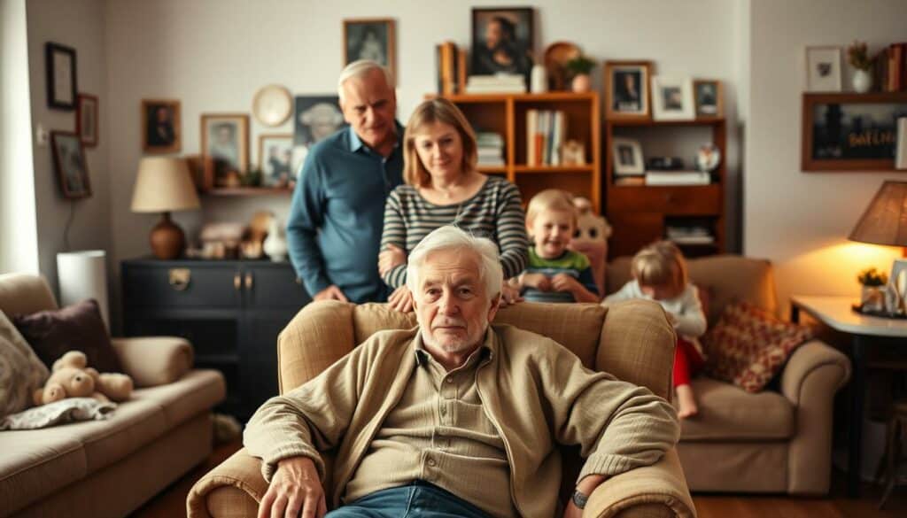 A warm, family gathering in a cozy living room. In the foreground, Dieter Bohlen, the renowned German musician, sits comfortably in an armchair, surrounded by his family. His wife, Estefania Heidemanns, stands behind him, lovingly embracing him. Their children play and interact in the middle ground, capturing the essence of a vibrant, close-knit household. The background is filled with personal mementos, photographs, and subtle hints of the family's history and shared experiences. Soft, diffused lighting creates a inviting, intimate atmosphere, highlighting the familial bonds and the sense of belonging that permeates the scene.
