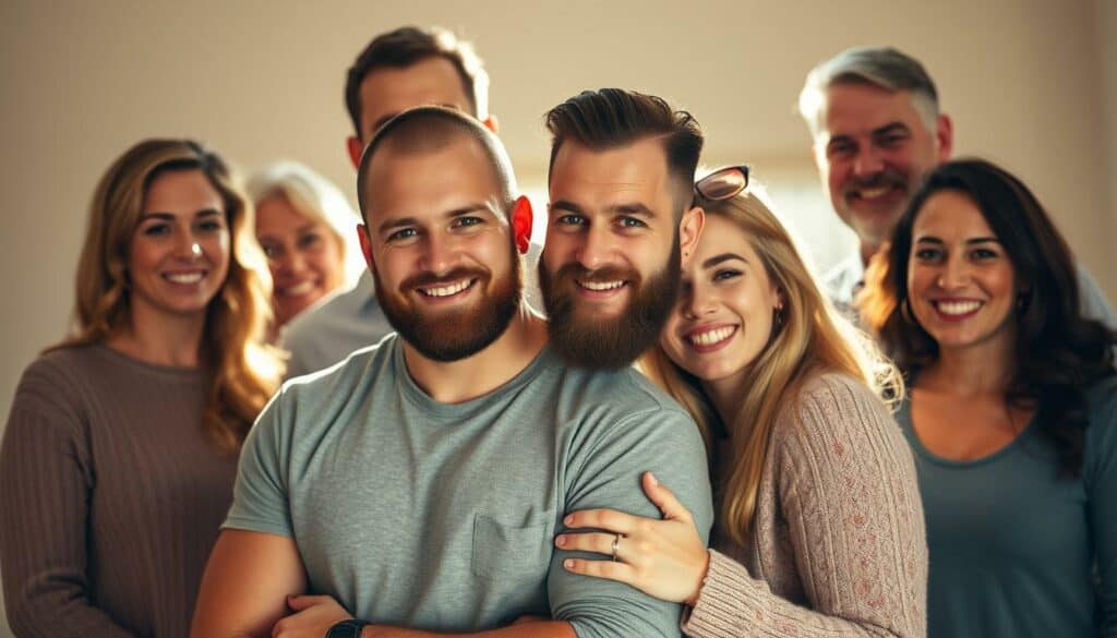 A warm, intimate family portrait of NFL star Travis Kelce surrounded by his loved ones. In the foreground, Kelce stands in a relaxed, affectionate pose, his arm around a woman - presumably his partner. Behind them, his parents and siblings gather, their faces radiating joy and pride. The lighting is soft and natural, casting a golden glow that enhances the sense of familial closeness. The composition is balanced, with the subjects arranged in a harmonious, triangular formation. The background is blurred, keeping the focus on the central figures and their loving bond. An overall atmosphere of domestic bliss and personal fulfillment pervades the scene, capturing the essence of Kelce's private universe.