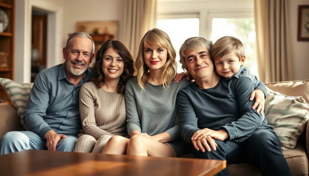 A warm, intimate family portrait of Taylor Swift with her parents and younger brother. The scene is set in a cozy, sun-drenched living room, with the family gathered around a wooden coffee table. Taylor sits in the middle, her parents on either side, and her brother perched on the arm of the sofa, leaning in close. Everyone is dressed casually, their expressions relaxed and natural. The lighting is soft, flattering, and inviting, casting a gentle glow on their faces. The background is blurred, keeping the focus on the close-knit family. This image conveys the strong familial bonds and loving support that have shaped Taylor Swift's life and career. A warm, intimate family portrait of Taylor Swift with her parents and younger brother. The scene is set in a cozy, sun-drenched living room, with the family gathered around a wooden coffee table. Taylor sits in the middle, her parents on either side, and her brother perched on the arm of the sofa, leaning in close. Everyone is dressed casually, their expressions relaxed and natural. The lighting is soft, flattering, and inviting, casting a gentle glow on their faces. The background is blurred, keeping the focus on the close-knit family. This image conveys the strong familial bonds and loving support that have shaped Taylor Swift's life and career.