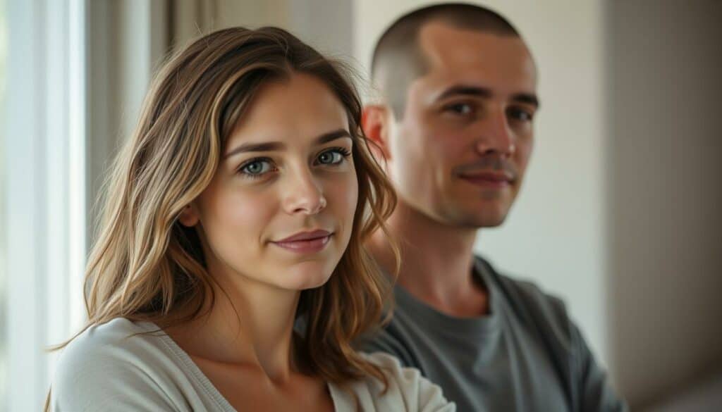 A warm, intimate portrait of Loni Willison and her sibling Jeremy Jackson, captured in natural lighting. Loni's kind, thoughtful expression contrasts with Jeremy's more guarded, introspective pose, hinting at the personal challenges they have faced. The siblings stand side by side, their body language suggesting a complex, yet caring relationship. The image has a depth of field that keeps the background softly blurred, maintaining the focus on the siblings' interaction. An aura of quiet reflection and familial connection permeates the scene.
