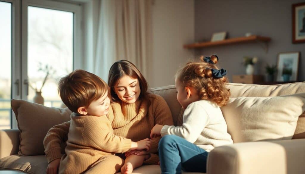 A warm, inviting family scene with a mother and her children in a cozy, sun-drenched living room. The mother, dressed in a soft, earthy-toned sweater, sits comfortably on a plush couch, surrounded by her two young children - a boy and a girl - who are engaged in playful interaction. Soft, diffused lighting from a large window creates a gentle, serene atmosphere, highlighting the tender, loving bond between the family members. The background features subtle, tasteful decor elements that suggest a welcoming, well-lived-in home environment. The overall composition conveys a sense of domestic tranquility and the importance of family ties.