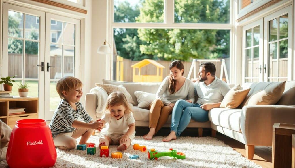 A warm, sun-dappled living room, filled with the laughter and energy of a loving family. In the foreground, a young boy and girl play together on a plush rug, surrounded by colorful toys. In the middle ground, a mother and father sit on a comfortable couch, engaged in a tender conversation, their faces alight with joy. Through the large windows, the backyard can be seen, where a playhouse and swingset stand against a backdrop of lush greenery. The overall atmosphere is one of domestic bliss, capturing the essence of everyday family life.
