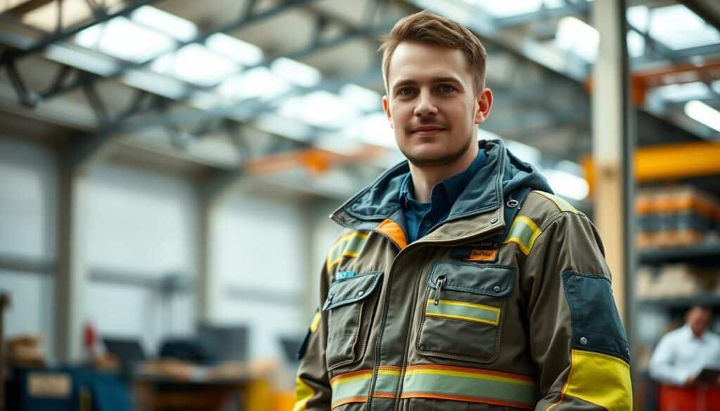 A well-equipped worker, standing proudly in a warehouse or workshop setting, wearing high-quality, durable workwear that protects them from hazards. The clothing features reinforced panels, reflective accents, and specialized pockets for essential tools. Soft, diffused lighting illuminates the scene, emphasizing the craftsmanship and attention to detail in the garments. The worker's expression conveys a sense of professionalism and the importance of safety in their role. The background is slightly blurred, keeping the focus on the worker and their protective, functional attire.
