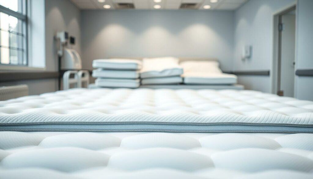 A well-lit, high-resolution image showcasing the key criteria for selecting a professional mattress cleaning service. In the foreground, a neatly organized checklist highlighting essential factors such as expertise, equipment, safety protocols, and customer satisfaction. In the middle ground, a group of clean, pristine mattresses arranged in a visually appealing manner. The background features a modern, minimalist healthcare setting, suggesting the context of hospital mattress maintenance. The overall atmosphere conveys a sense of professionalism, attention to detail, and the importance of thorough, reliable mattress cleaning services.