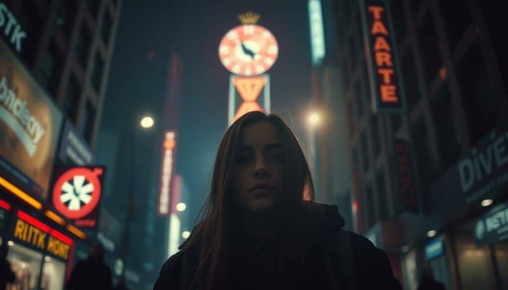 A young woman, Marisa, stands in the dimly lit shadows of a bustling city. The harsh glare of neon signs and streetlights cast a moody, atmospheric glow, creating a sense of unease and isolation. Marisa's face is partially obscured, hinting at the challenges she faces in growing up in the public eye, overshadowed by the spotlight on her famous family. The scene is shot with a cinematic, low-angle perspective, emphasizing the towering buildings and the weight of the urban environment pressing down on her. A sense of melancholy and introspection pervades the image, capturing the essence of "Aufwachsen im Schatten des Rampenlichts."