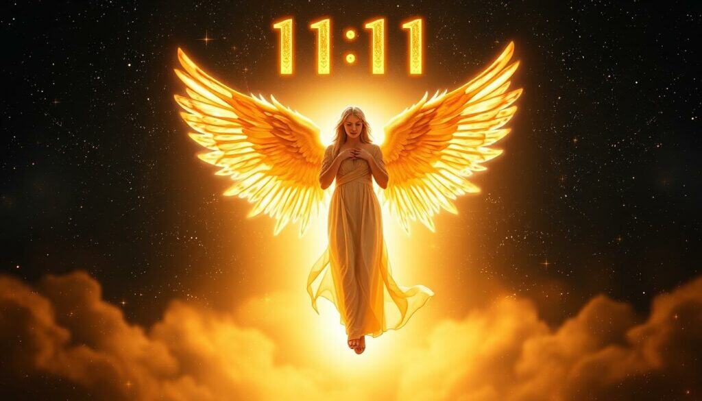 An ethereal angel, wings outstretched, hovers before a luminous portal, emanating a serene and transcendent energy. The figure is bathed in a warm, golden glow, symbolizing the divine connection and spiritual significance of the number 11:11. In the background, a constellation of stars and celestial motifs creates a sense of cosmic wonder, hinting at the deeper mystical meanings associated with this numerical sequence. The composition is balanced and harmonious, inviting the viewer to meditate on the sacred nature of this powerful numerical symbol.