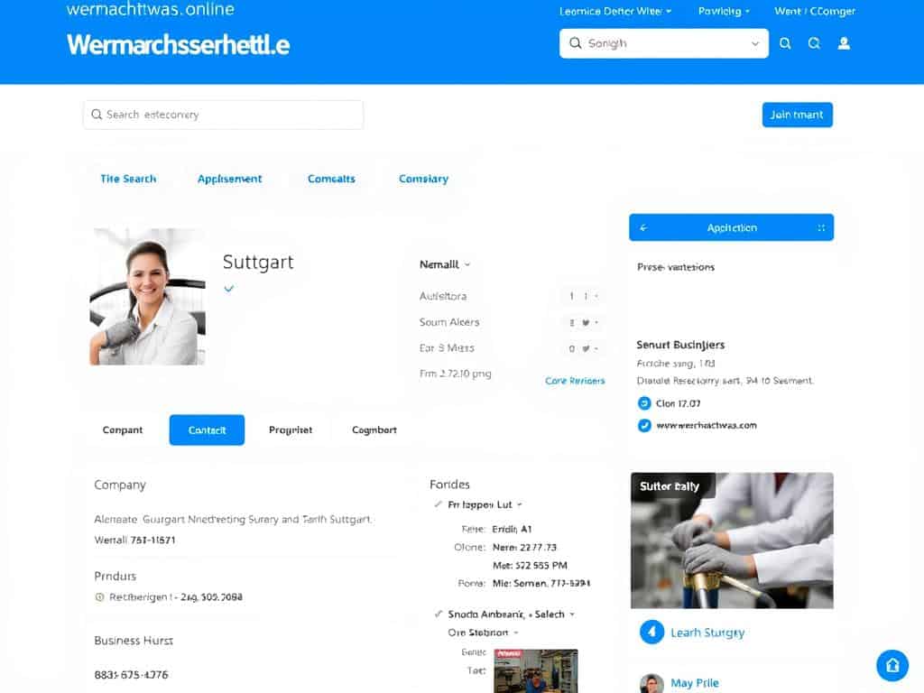 Benutzeroberfläche des wermachtwas.online Firmenverzeichnis Stuttgart mit Beispielprofil eines lokalen Unternehmens