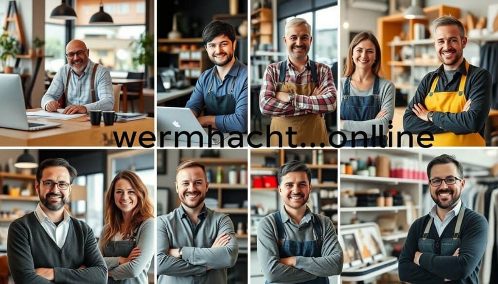 Collage von zufriedenen Geschäftsinhabern aus Stuttgart, die das Firmenverzeichnis wermachtwas.online nutzen