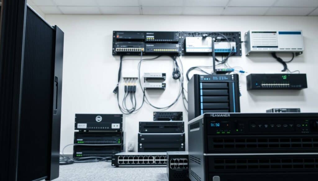 Detailed IT infrastructure components arranged in a well-lit, clean and organized office setting. Prominently displayed in the foreground are a high-performance server, a sleek desktop computer, and a modern network switch. In the middle ground, a structured cabling system, a backup storage device, and a rack-mounted UPS unit can be seen. The background features a wall-mounted network rack housing various routers, firewalls, and wireless access points. The lighting is bright and even, creating a professional and technologically advanced atmosphere. The components are captured from a slightly elevated angle, conveying a sense of comprehensiveness and attention to detail.