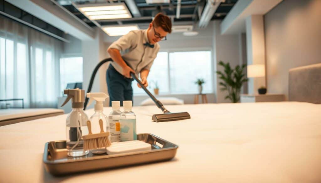 Detailed interior scene of a professional mattress cleaning process. In the foreground, a technician in a crisp uniform carefully vacuums the surface of a pristine white mattress, using specialized tools. In the middle ground, various cleaning solutions and brushes are neatly arranged on a tray, ready for use. The background depicts a well-lit, sterile workspace with minimalist decor, conveying a sense of efficiency and expertise. Warm, diffused lighting from overhead fixtures creates a calming, professional atmosphere. The camera angle is slightly elevated, providing a comprehensive view of the methodical cleaning procedure. Detailed interior scene of a professional mattress cleaning process. In the foreground, a technician in a crisp uniform carefully vacuums the surface of a pristine white mattress, using specialized tools. In the middle ground, various cleaning solutions and brushes are neatly arranged on a tray, ready for use. The background depicts a well-lit, sterile workspace with minimalist decor, conveying a sense of efficiency and expertise. Warm, diffused lighting from overhead fixtures creates a calming, professional atmosphere. The camera angle is slightly elevated, providing a comprehensive view of the methodical cleaning procedure.