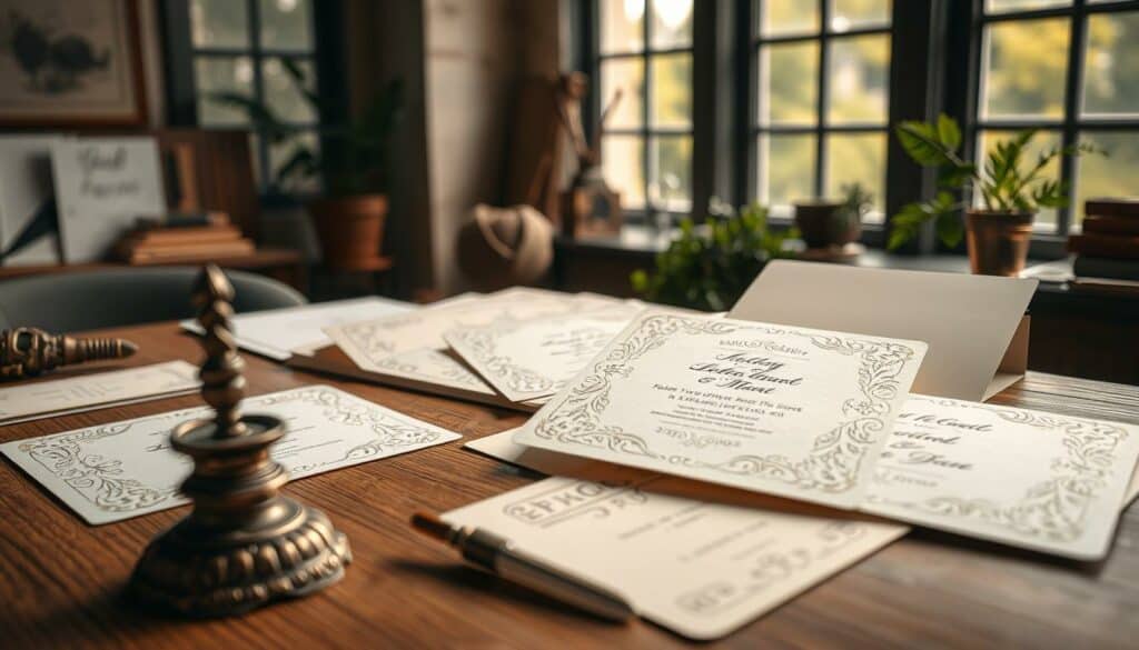 Detailed, sophisticated stationery design on a wooden desk. Delicate, handcrafted invitations in soft pastel colors. Intricate floral patterns, elegant calligraphy, and subtle embossed textures. Vintage inkwell, quill, and other artisanal tools in the foreground. Warm, natural lighting filters through large windows, casting a gentle glow. Minimalist background with hints of greenery and neutral tones to highlight the craftsmanship. The scene exudes a sense of artistry, creativity, and attention to detail, perfectly capturing the essence of "Einladungskarten selbst gestalten".