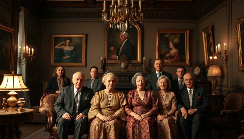 Elegant family portrait of the Lewe dynasty, set in a stately manor house. In the foreground, the matriarch and patriarch sit regally, surrounded by their children and grandchildren. Opulent furnishings, oil paintings, and chandeliers evoke old-world aristocracy. Soft, warm lighting casts a gentle glow, conveying a sense of multigenerational legacy and timeless tradition. The family's dignified poses and refined expressions reflect their proud lineage and influential status. An atmospheric scene that captures the essence of the Lewe family's distinguished history and social standing.