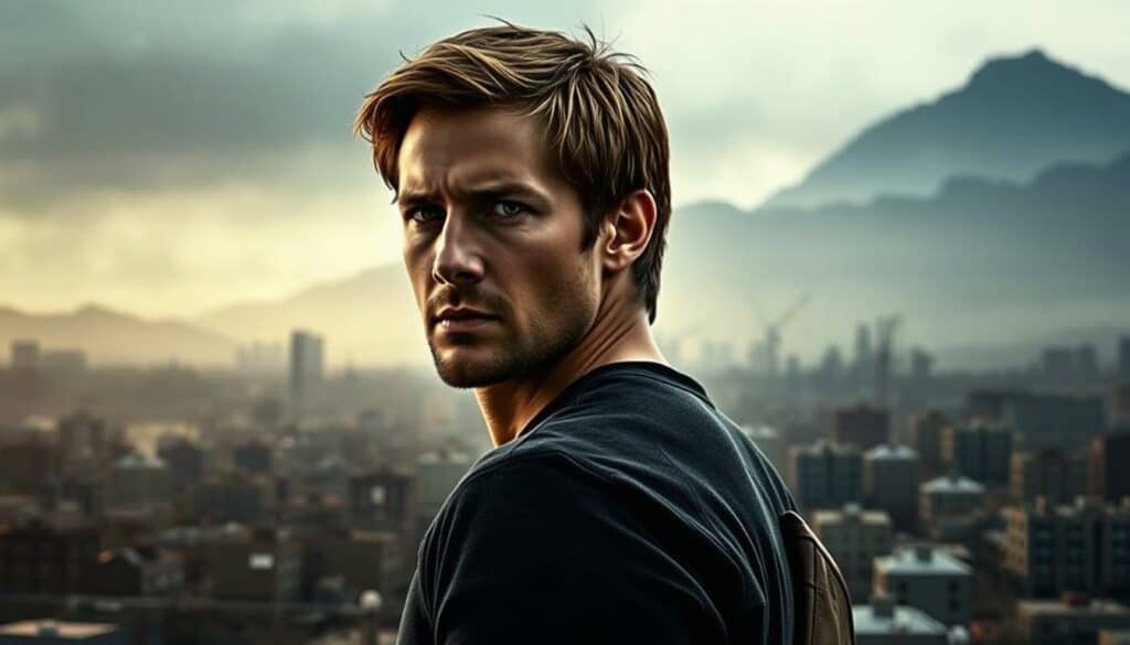 Gale Hawthorne, the rugged and determined character from The Hunger Games, stands resolute against a backdrop of the dystopian Panem landscape. Captured in a dramatic three-quarter profile view, Gale's intense gaze conveys a steely determination, his chiseled features accentuated by dramatic side lighting that casts deep shadows. The foreground is sharply in focus, while the middle ground features the rugged, industrial cityscape of District 12, hazy and blurred, suggesting the oppressive nature of the totalitarian Capitol. In the distant background, the looming silhouette of the Panem mountains ominously dominates the scene, reinforcing the sense of isolation and the struggle for survival. The overall tone is one of gritty realism, reflecting the harsh and unforgiving world of The Hunger Games.