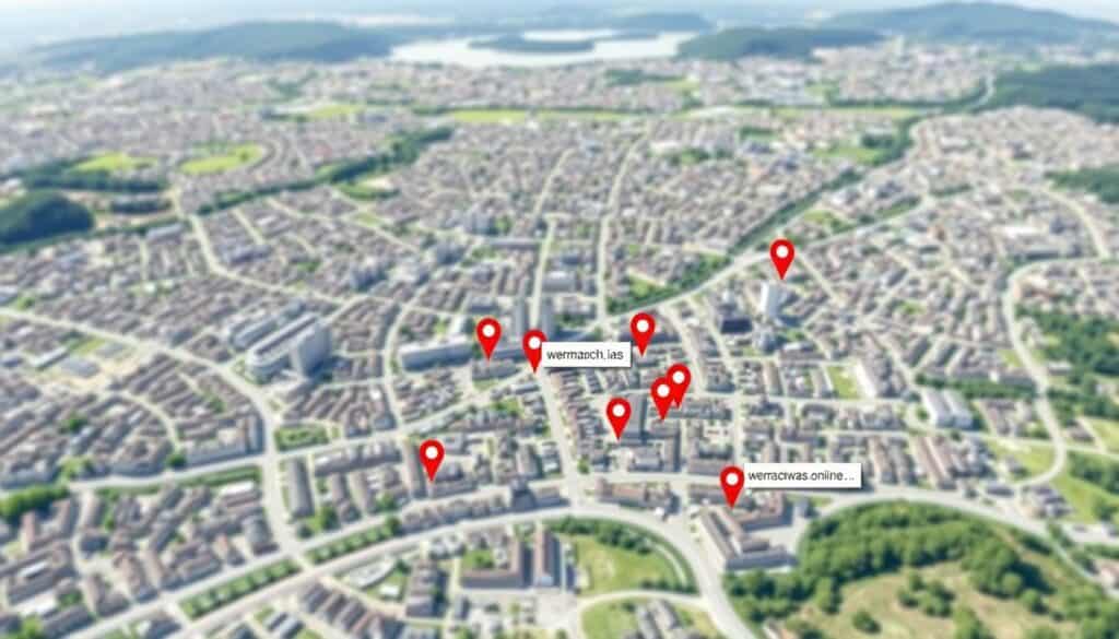 Geschäftsgebiet Zürich mit markierten Unternehmen auf wermachtwas.online