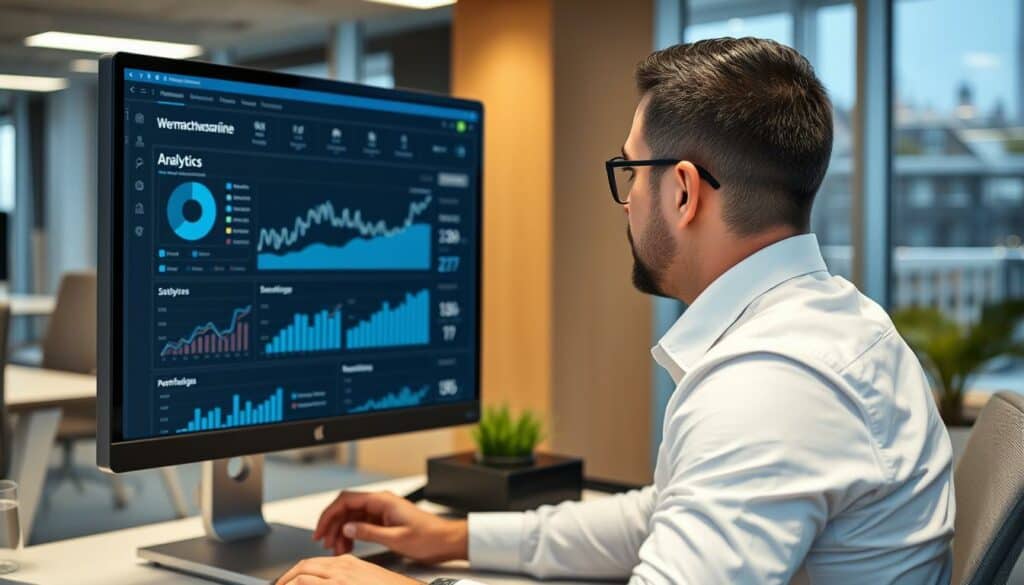 Geschäftsmann in Zürich betrachtet Statistiken seiner Firmenpräsenz auf wermachtwas.online