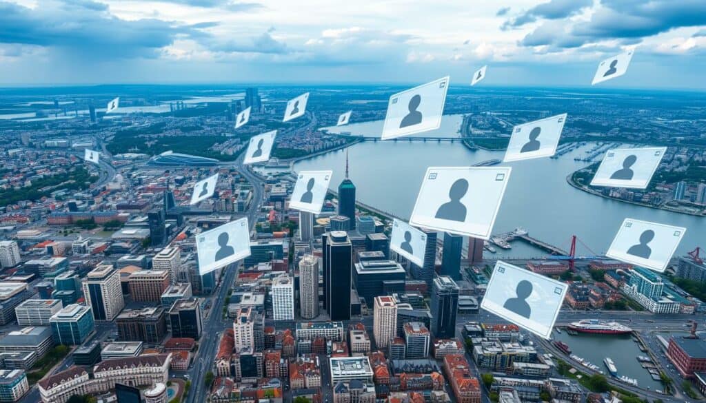 Hamburger Skyline mit digitaler Firmenverzeichnis-Darstellung für lokale Unternehmen