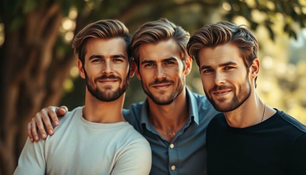 Hemsworth brothers, Liam, Chris, and Luke, standing together in a warm, natural setting. The three siblings exude an easygoing, brotherly camaraderie, their confident poses and relaxed expressions conveying a sense of familial bond. Soft, diffused lighting illuminates their faces, highlighting their distinct yet complementary features. The background blurs gently, placing the focus on the trio's harmonious interaction. An elegant, timeless feel pervades the scene, reflecting the Hemsworth family's enduring presence in the entertainment industry. A cinematic, almost filmic quality to the overall composition, capturing the essence of this famous acting dynasty.