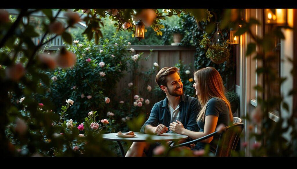 Intimate and secluded garden setting, lush greenery and blooming flowers frame a cozy outdoor seating area. Soft, warm lighting casts a romantic glow as a couple, Tommi Schmitt and his girlfriend, enjoy a peaceful moment together, lost in conversation. Their body language is relaxed and affectionate, conveying a sense of private contentment. The scene is captured from a slightly elevated angle, creating a sense of voyeuristic intimacy, as if the viewer is privy to a private moment in the couple's personal life. The overall mood is one of tranquility and romantic indulgence, reflecting the "Privates Leben und Liebesbeziehungen" theme.