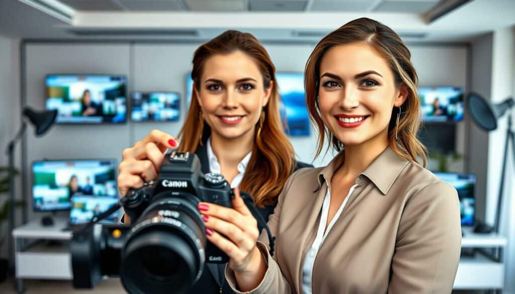 Medienpräsenz Strategie: a high-quality, photorealistic image depicting a professional woman engaged in various media-related activities. In the foreground, she is posing confidently for a camera, exuding an air of poise and self-assurance. In the middle ground, various media platforms and devices, such as a laptop, smartphone, and television screens, surround her, showcasing her diverse media presence. The background features a sleek, modern office setting with minimalist decor, evoking a sense of professionalism and success. The lighting is soft and flattering, highlighting the subject's features and creating a warm, inviting atmosphere. The overall composition and tone convey a strong personal brand and a strategic approach to media engagement.