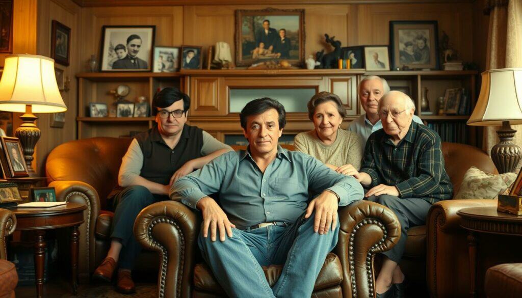 Prompt A warm, nostalgic family portrait of a young Sylvester Stallone in the 1950s, set against the backdrop of a cozy, vintage-inspired living room. Stallone, dressed in casual attire, sits comfortably on a worn leather armchair, surrounded by family members - his parents, siblings, and grandparents - all gathered together, their expressions conveying a sense of closeness and belonging. The room is filled with a soft, golden glow, accentuating the rich, earthy tones of the furniture and decor. Subtle details, such as family photographs on the walls and personal trinkets on the shelves, suggest a deep-rooted sense of history and tradition. The overall atmosphere evokes a sense of warmth, nostalgia, and the enduring bonds of a close-knit family.