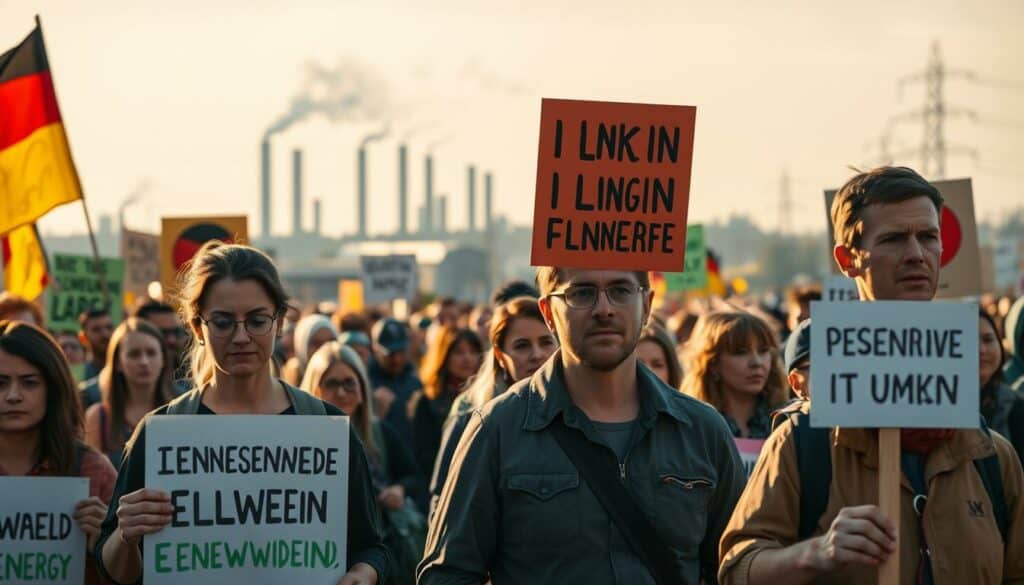 Protest marches, banners, and determined faces fill the frame, capturing the energy of a movement demanding a shift in Germany's energy policy. In the foreground, demonstrators march with placards highlighting renewable energy slogans, their expressions conveying a sense of urgency. The middle ground features a crowd of protesters, their diversity reflecting the broad support for the Energiewende (energy transition) movement. In the background, a city skyline with smokestacks and power lines suggests the industrial backdrop against which this protest takes place. Warm, natural lighting illuminates the scene, imbuing it with a sense of purpose and resolve. The overall composition and mood evoke the catalytic role of public demonstrations in driving change in energy policy.