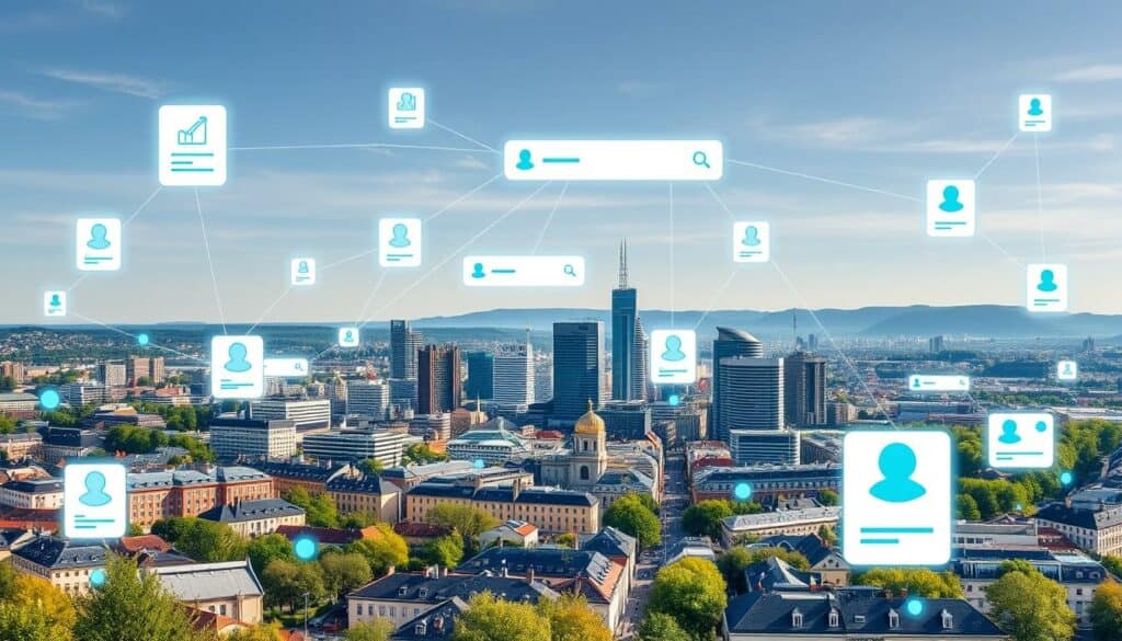 Stuttgarter Stadtpanorama mit digitaler Überlagerung, die die Vernetzung lokaler Unternehmen durch das Firmenverzeichnis wermachtwas.online symbolisiert