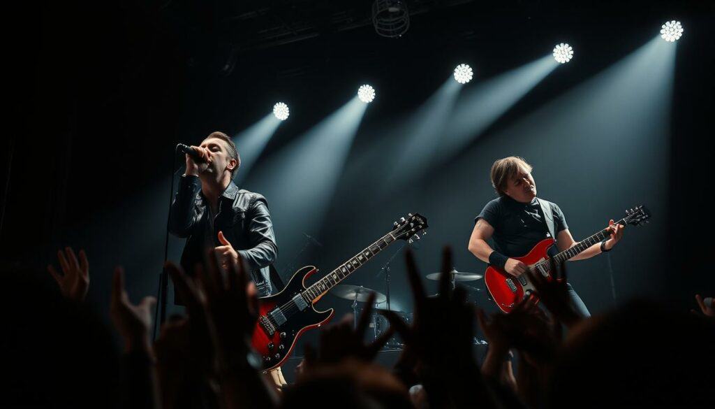 Them Guns, a dynamic rock band, performing on a dimly lit stage with intense lighting that casts dramatic shadows across their faces. The lead singer, clad in a leather jacket, grips the microphone with fervent energy, his eyes closed as he pours his heart into the performance. The guitarist, flanked by the bassist and drummer, executes intricate riffs with precision, their fingers dancing across the strings. The crowd, a sea of enthusiastic fans, is captured in a blur, their hands raised in adulation. The scene is captured from a low angle, emphasizing the power and presence of the band, evoking the raw energy of their musical journey.