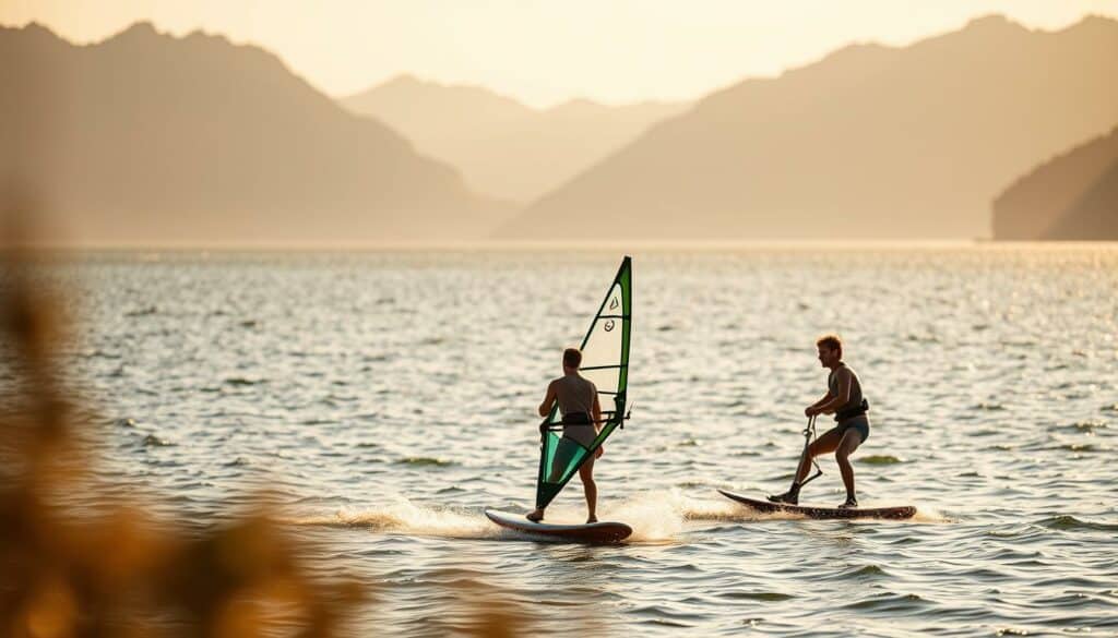 Two people, Luv and Lee, engaged in the dynamic sport of windsurfing on a scenic lake. The foreground features the windsurfers expertly navigating their boards, their bodies in motion as they harness the power of the wind. The middle ground showcases the tranquil lake, its surface rippling with the gentle breeze. In the background, towering mountains rise majestically, creating a breathtaking natural backdrop. The lighting is soft and golden, casting a warm glow over the scene. The image conveys a sense of exhilaration, freedom, and a deep connection with the natural world, perfectly capturing the essence of the "Windsurfing Grundlagen" section.