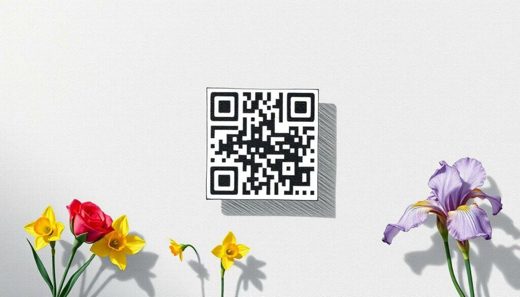 A QR code floating in the center of the frame, its squares and lines rendered in precise black-and-white pencil strokes. Surrounding it, a delicate array of freshly bloomed flowers in vibrant hues - a single red rose, yellow daffodils, and soft violet irises. The background is a muted, textured gray, evoking the look of a hand-drawn sketch. Warm, natural lighting casts gentle shadows, creating depth and a sense of tranquility. The overall aesthetic is one of simplicity and elegance, inviting the viewer to scan the QR code and discover the digital floral offerings within.