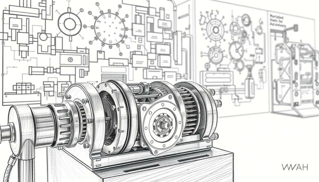 A VAH-certified disinfection technology display, showcasing a gleaming metallic apparatus with intricate mechanisms. Detailed engineering schematics in the background, illuminated by warm, focused lighting. The device's sleek design and precise components convey a sense of professionalism and expertise. The scene is rendered in a subtle pencil sketch style, with muted colors adding depth and texture, emphasizing the technical aspects. An atmosphere of innovation and reliable sanitation solutions permeates the image, befitting the "Tatortreiniger" article's "Technologie und Methoden" section.
