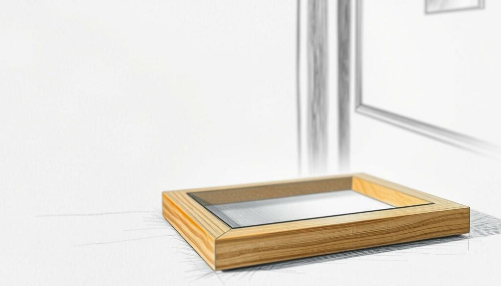 A beautifully crafted wooden picture frame, its surface rendered in a detailed pencil sketch with a subtle touch of color highlighting the intricate glazing. The frame stands in the foreground, casting a soft, warm shadow across the textured paper surface. In the background, a faint outline of a window or door frame provides a sense of depth and context, hinting at the larger space this delicate object inhabits. Carefully considered lighting casts gentle highlights and shadows, accentuating the craftsmanship and materiality of the frame. The overall mood is one of quiet elegance and attention to detail, befitting the specialized work of a skilled glazier.