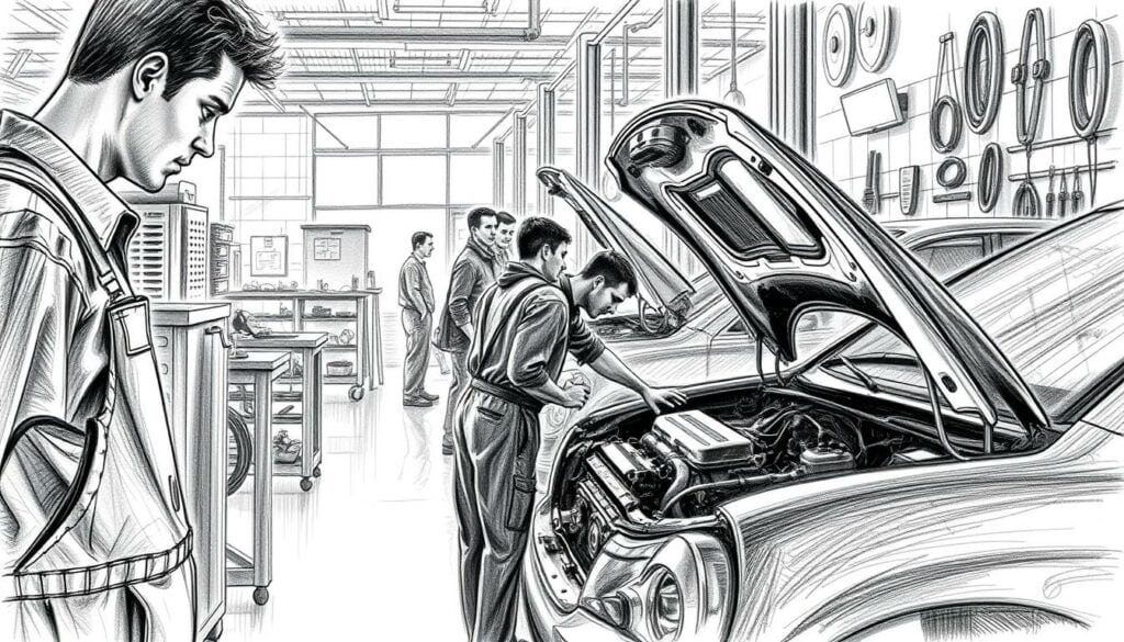 A bustling Autowerkstatt, its floor lined with tools and machinery, as mechanics in overalls deftly tend to the vehicles before them. Soft natural light filters through the windows, casting gentle shadows that accentuate the textures of the space. In the foreground, a worker leans over an engine, his face partially obscured in a pencil-sketch style, with a subtle hint of color highlighting the task at hand. In the middle ground, colleagues converse, their forms hinted at in the sketch-like rendering. The background reveals the broader workshop, filled with diagnostic equipment and spare parts, all rendered in a blend of pencil and muted tones, creating a sense of depth and atmosphere.