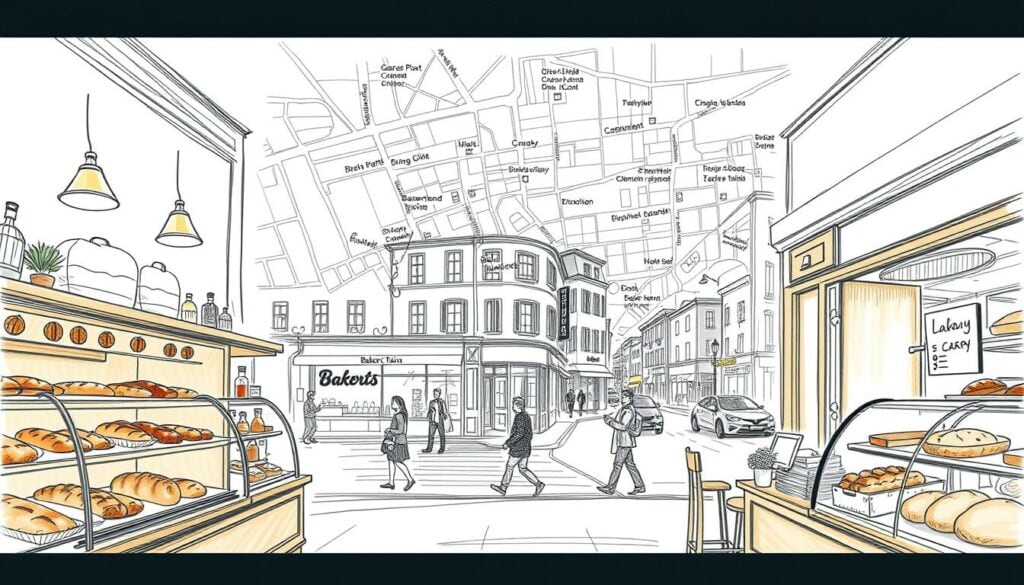 A charming sketch of a bustling bakery chain, showcasing its various locations on a comprehensive overview map. The foreground features the warm, inviting interiors of a cozy bakeshop, with freshly baked pastries and breads displayed in the display cases. The middle ground captures the lively streetscape outside, with pedestrians and cars passing by. In the background, an intricately detailed map highlights the bakery's multiple branch locations, guiding customers to their nearest store. The entire scene is rendered in a delicate pencil sketch style, with soft hues and a touch of muted color accents, creating an inviting and visually engaging atmosphere.
