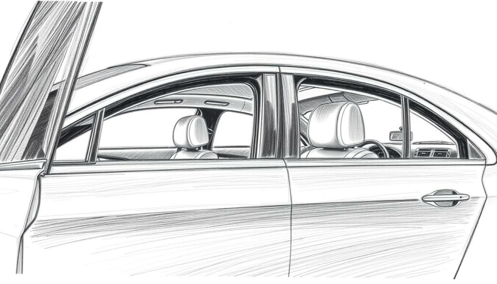 A comfortable and stress-free airport transfer experience. A luxury sedan with a professional driver waits at the airport, ready to whisk the passenger away. The car's sleek exterior gleams under the soft, warm lighting, contrasting with the muted tones of the pencil sketch. Inside, plush leather seats and subtle accent colors create an atmosphere of relaxation. The driver handles the navigation seamlessly, ensuring a punctual and effortless journey to the final destination. The composition emphasizes the tranquility and convenience of this bespoke transportation service, a small splash of color accentuating the refined aesthetic.