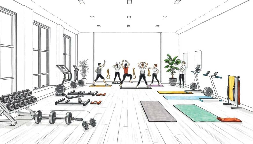 A cozy and inviting fitness studio with a modern, minimalist design. The scene depicts a bright, airy space with large windows, allowing natural light to flood in. In the foreground, a variety of workout equipment, including free weights, resistance bands, and yoga mats, are arranged in a visually appealing manner. The middle ground showcases a group of people engaged in various exercise routines, their movements captured in a sketch-like style with subtle pops of color. The background features a clean, neutral-toned wall, giving the image a sense of calm and focus. The overall mood is one of motivation and well-being, encouraging the viewer to explore and find the perfect fitness studio in their local area.