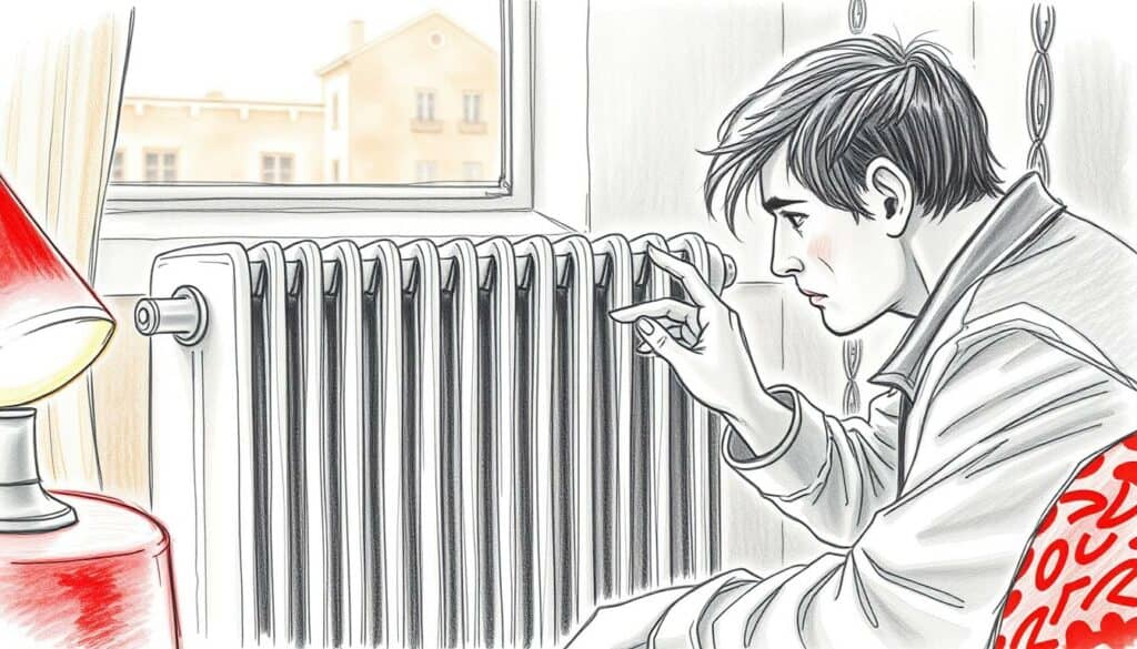 A cozy apartment interior, showcasing a malfunctioning heating system. The scene depicts a tenant diligently inspecting the radiator, brow furrowed in concern. Soft, warm lighting illuminates the space, casting gentle shadows that accentuate the detailed pencil sketch aesthetic. A subtle splash of color, perhaps a vibrant red accent, adds visual interest and conveys the urgency of the situation. The background blurs into a hazy, dreamlike quality, keeping the focus on the tenant's rights and responsibilities during a heating system breakdown. Finely textured surfaces and delicate line work evoke a sense of authenticity and attention to detail.