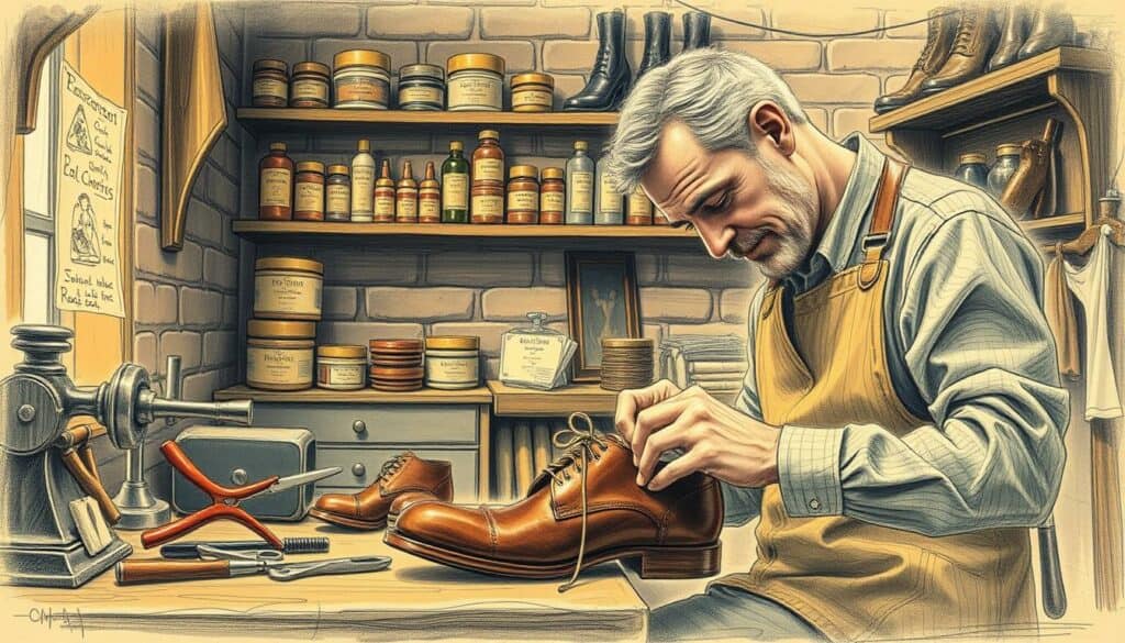 A cozy cobbler's workshop, warm lighting illuminating the scene. In the foreground, a skilled cobbler carefully stitches a worn leather shoe, his experienced hands at work. Surrounding him, a selection of neatly arranged tools - pliers, hammers, and a resoling machine. In the middle ground, shelves display an array of shoe care products, polish, and laces. The background fades into a softly rendered brick wall, hinting at the workshop's history. The image is rendered in a muted palette, with a subtle touch of color highlighting the cobbler's craft - perhaps a vibrant thread or a gleaming buckle. An atmosphere of care, tradition, and attention to detail pervades the scene.