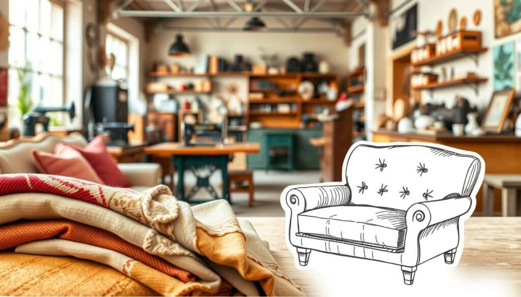 A cozy furniture workshop, featuring a vibrant array of fabric samples in a muted color palette. In the foreground, a hand-sketched illustration showcases a selection of upholstery options, each with a subtle hint of color to complement the overall aesthetic. The middle ground depicts a workshop filled with antique sewing machines and tools, conveying a sense of craftsmanship and attention to detail. The background is softly blurred, hinting at a warm, inviting atmosphere, with natural light filtering in through large windows. The overall mood is one of traditional artistry and personalized service, reflecting the section's focus on "Kosten und Angebote: Was Sie erwarten können."