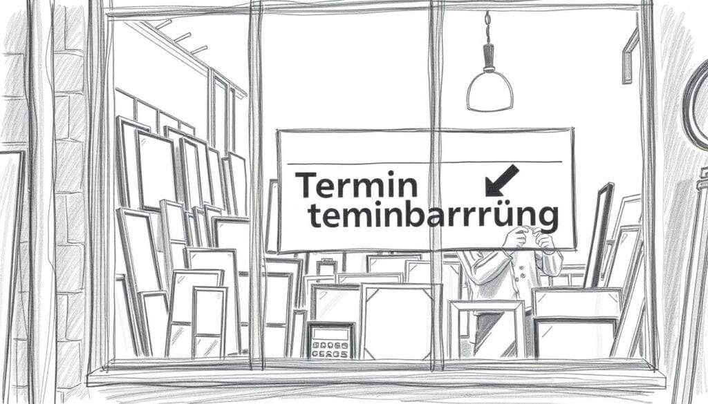 A cozy glass workshop with a large window displaying an assortment of glass panes and a 'Terminvereinbarung' sign. The scene is depicted in a detailed pencil sketch style, with a subtle touch of color highlighting the sign. The workshop interior is well-lit, creating a warm and inviting atmosphere. A glass artisan can be seen through the window, carefully inspecting a piece of glass, conveying the expertise and care taken in the repair process. The image captures the essence of a professional glass repair service, ready to assist customers with their window and door needs.