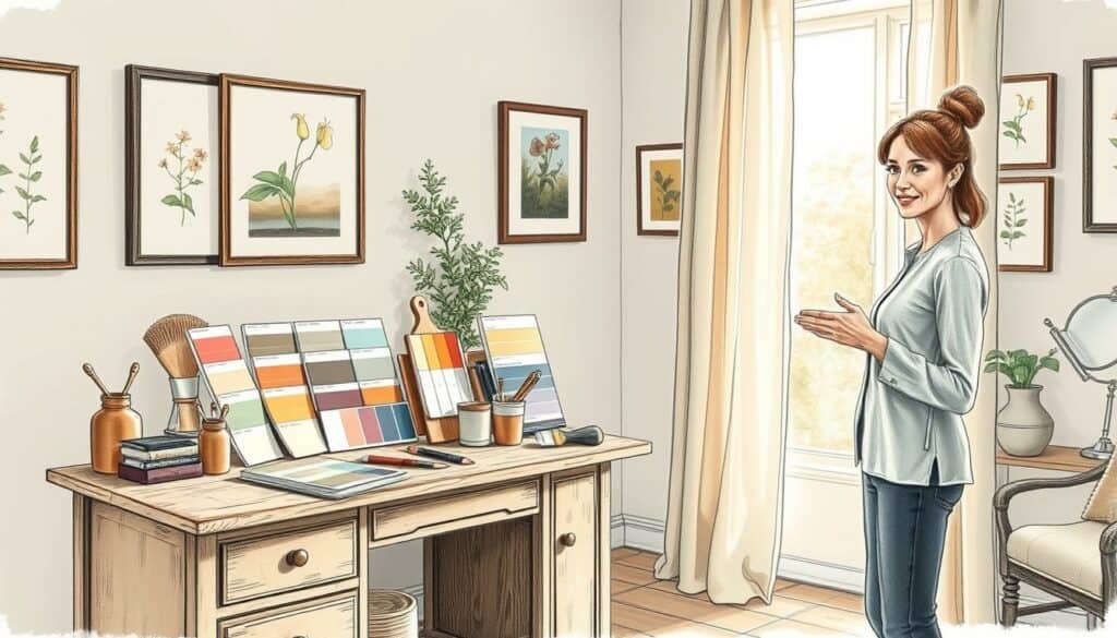 A cozy home interior with a chic color consultation setup. A weathered wooden desk holds paint swatches, brushes, and color samples in a muted palette. Soft natural light filters through sheer curtains, casting a warm glow. Framed art and botanical prints adorn the walls, hinting at the homeowner's refined aesthetic. In the foreground, a professional color consultant stands, gesturing towards the display - her expression is one of expertise and enthusiasm. The scene has a hand-drawn quality, with pencil lines and a subtle color accent adding depth and character.
