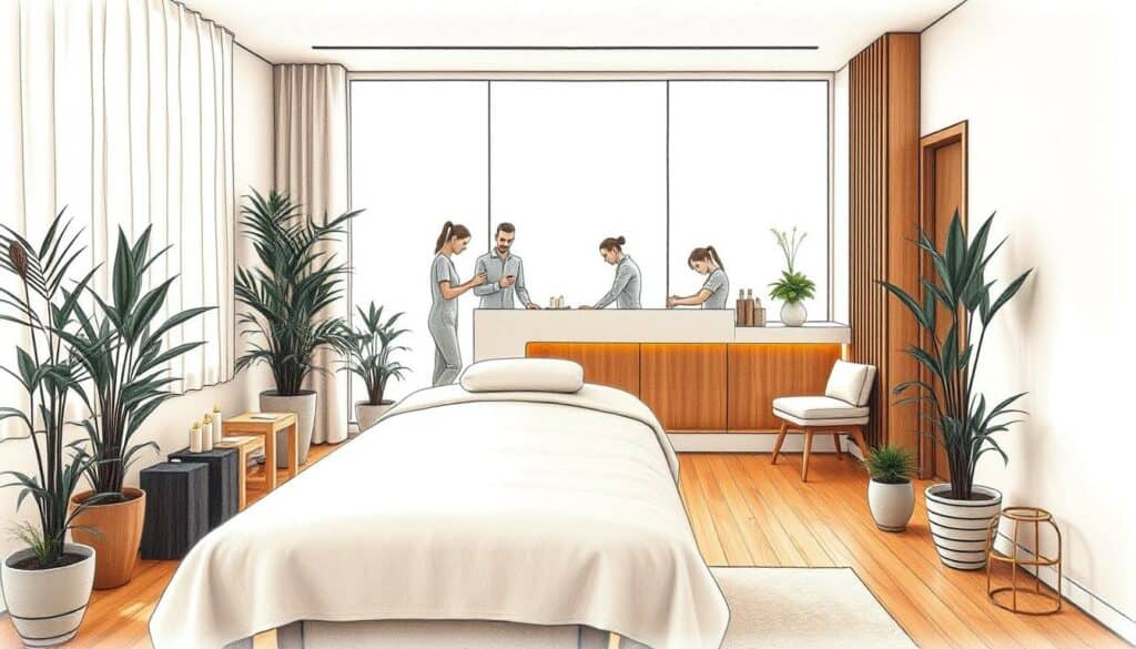 A cozy, intimate massage studio with warm lighting, plush textures, and a serene ambiance. In the foreground, a massage table with crisp, white linens awaits. Surrounding it, potted plants and artfully placed candles create a sense of tranquility. In the middle ground, a sleek, minimalist reception desk and warm wooden accents add to the inviting atmosphere. The background features soft, blurred silhouettes of massage therapists and clients, capturing the essence of relaxation. The entire scene is rendered in a delicate pencil sketch style with subtle pops of color, highlighting the attention to detail and craftsmanship of the studio.