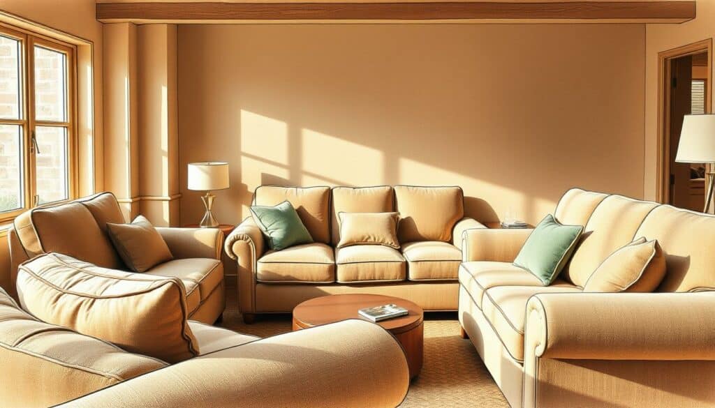 A cozy living room filled with plush, well-crafted upholstered furniture. Soft, earthy tones of brown and beige, with a touch of muted green accent in a small decorative pillow. The room is bathed in warm, natural light, casting gentle shadows and highlights on the textured fabrics. The furniture pieces are positioned in a welcoming arrangement, inviting the viewer to imagine themselves relaxing in this comfortable space. The image is rendered in a detailed, hand-drawn style with a subtle color accent, capturing the artisanal quality of the upholstery work.